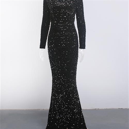 Women Modest Stretch Sequin Royal Blue Evening Prom Gown Party