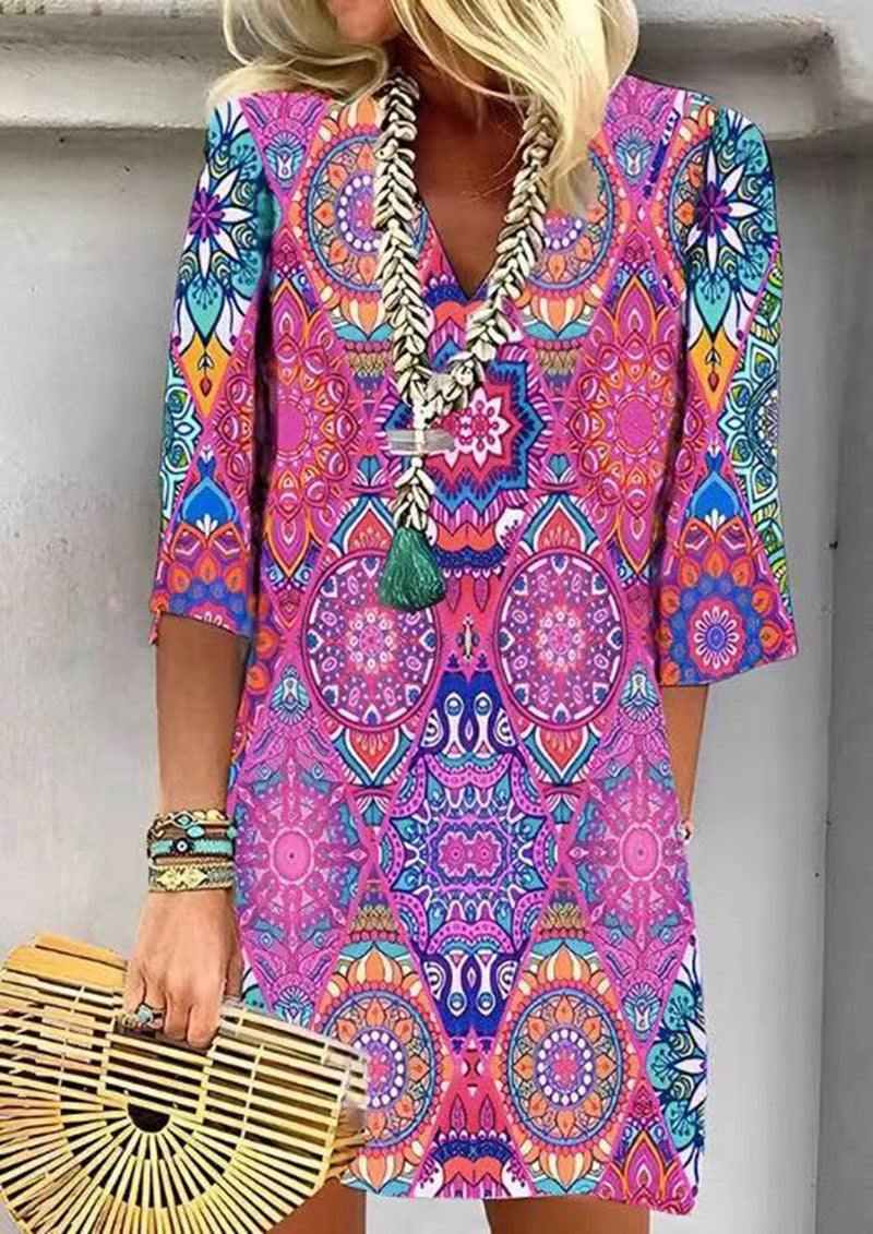 Women's Fashion V-neck Straight Ethnic Print Casual Dress