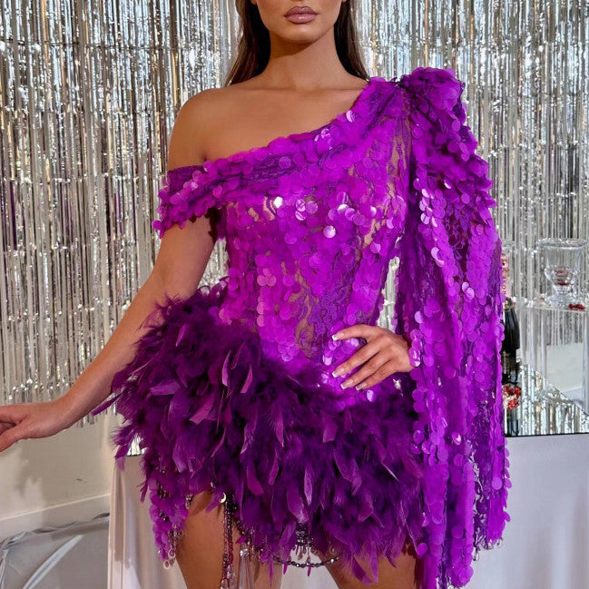Purple Sequined Feather Skirt One-shoulder Sleeve Short Dress Luxury Party Stage Performance Dress